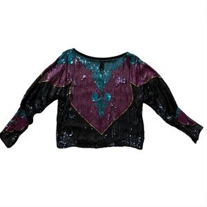 Vintage 80s Women's Fully Sequined Glam Blouse Top Eighties